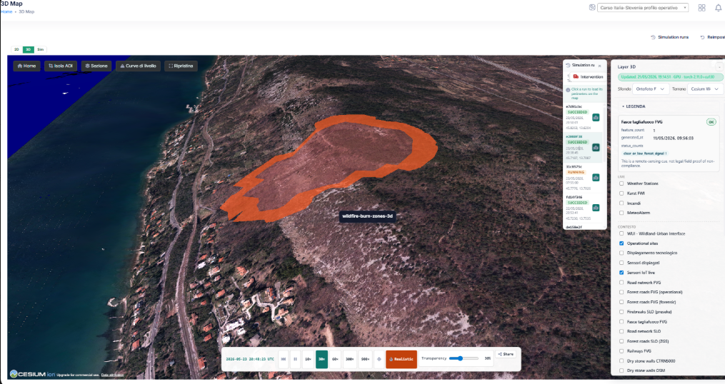 Vista 3D del terreno del Carso usata per il replay delle run di simulazione
